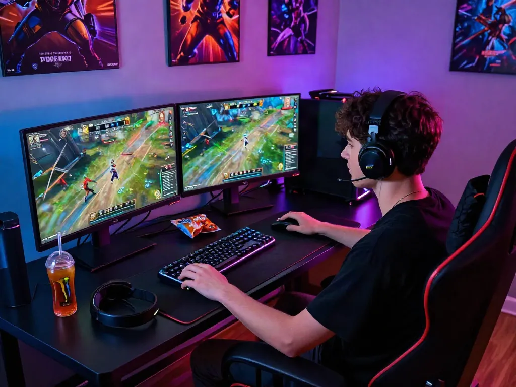 Gamer bersemangat bermain diana4d dengan perangkat gaming modern di ruang permainan yang cerah.