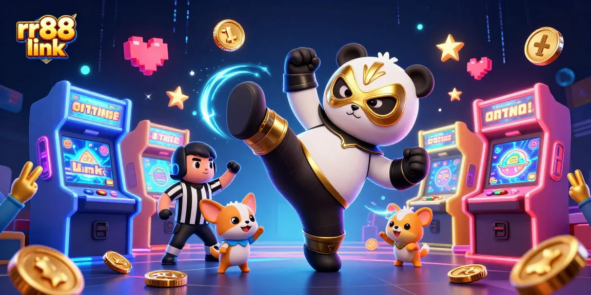 Engage in thrilling action with rr88 link, featuring a dynamic wrestling panda kicking in a vibrant casino scene.