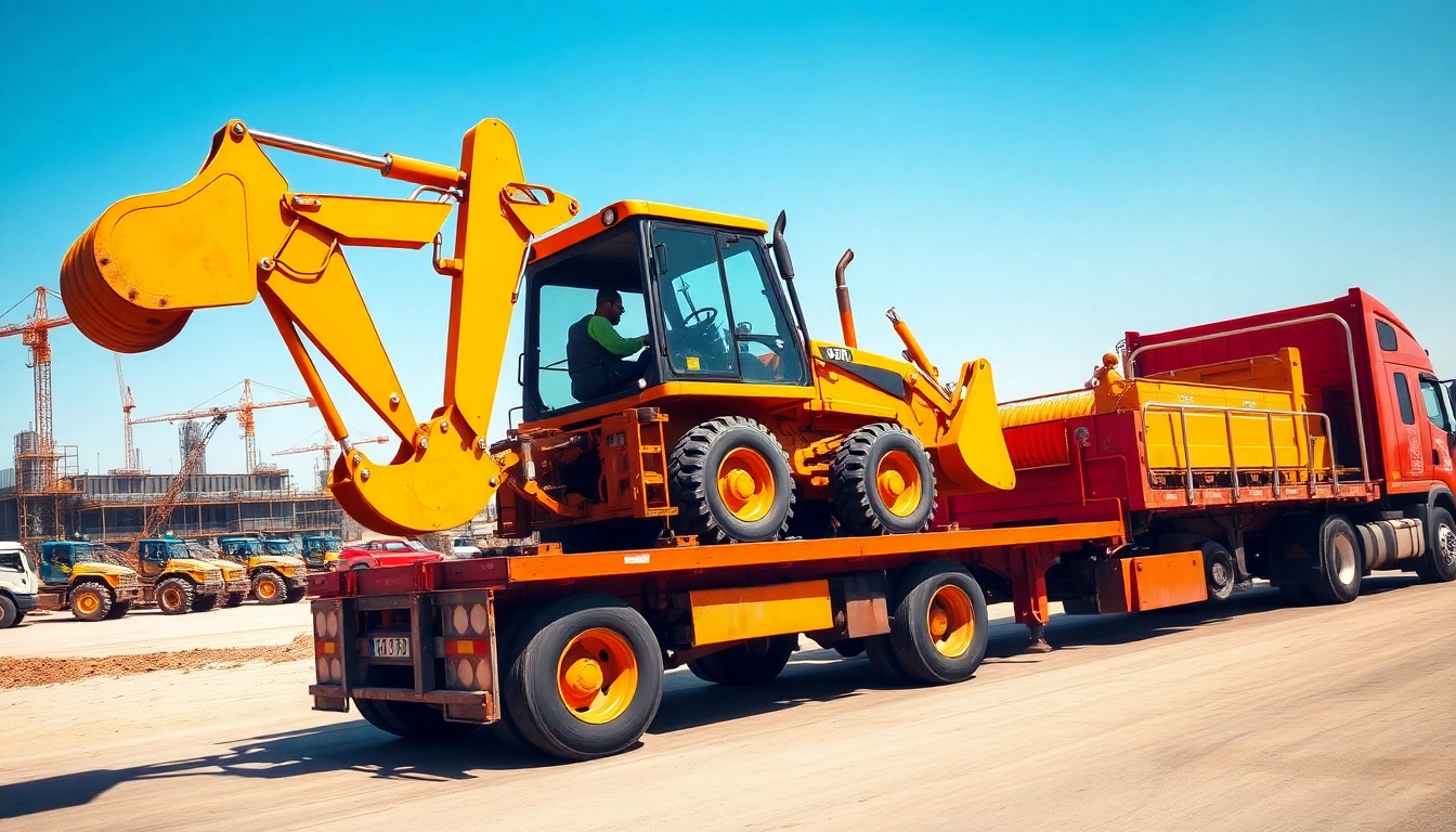 Secure equipment transportation showcasing a truck loading heavy machinery at a construction site.