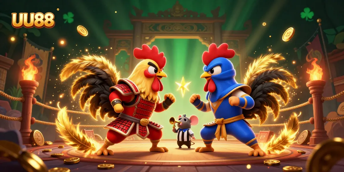 Experience competitive gaming action with UU88’s vibrant 3D illustration of fighting roosters.