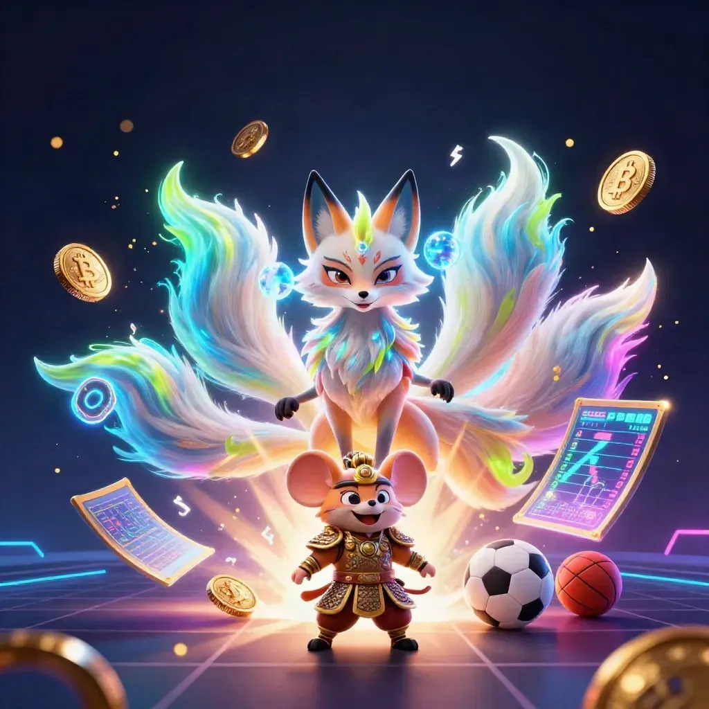 Neon fox spirit and armored mouse amid casino-tech sports icons and glowing effects