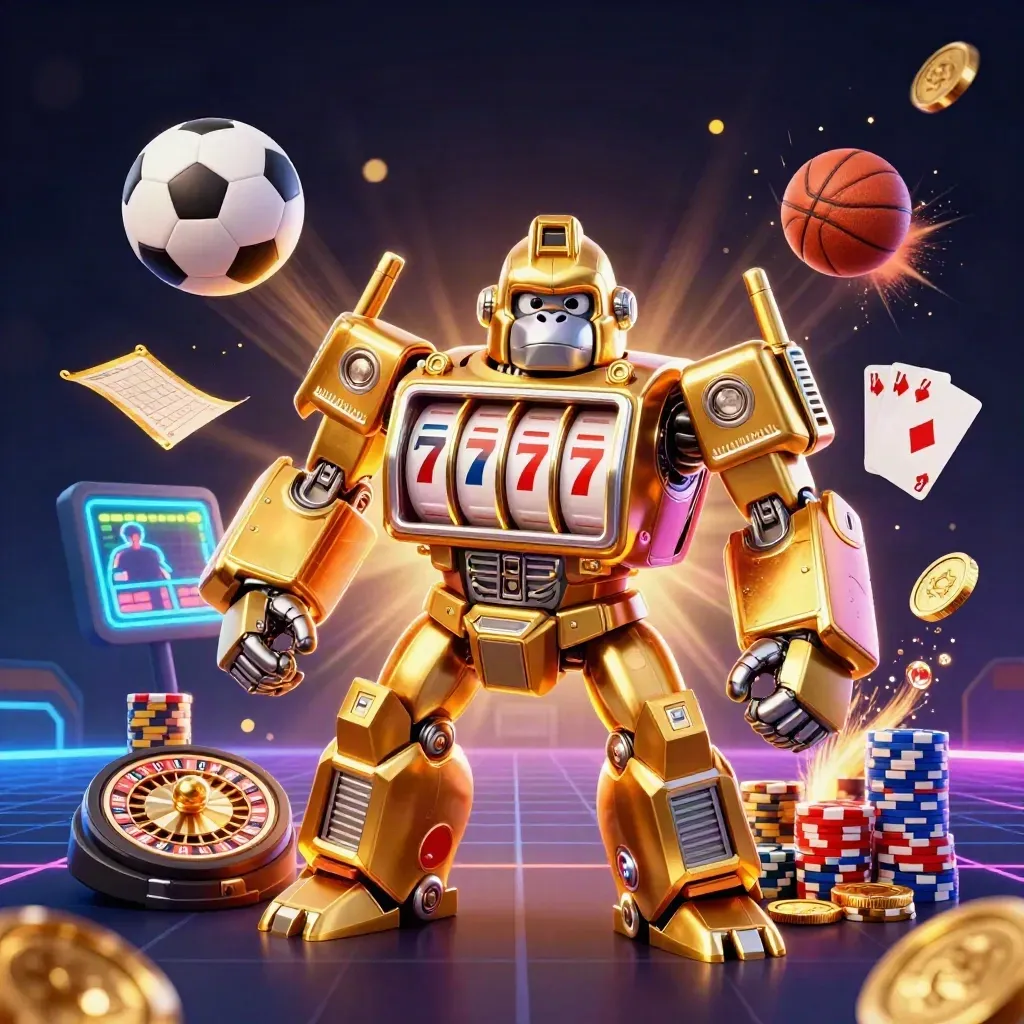 Golden gorilla mech with casino bursts, coins, cards, balls, and neon sports-tech glow.