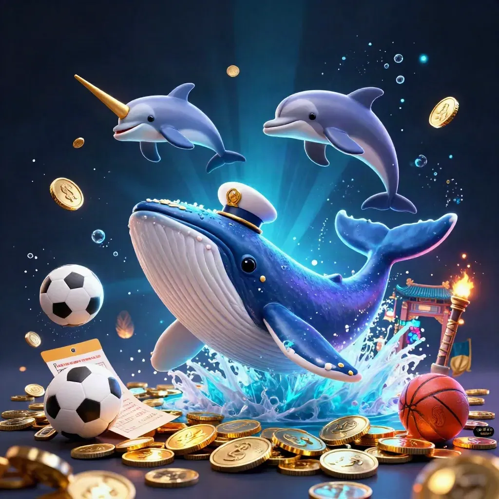 Captain whale, narwhal, and dolphins burst through coins with sports balls and casino props.