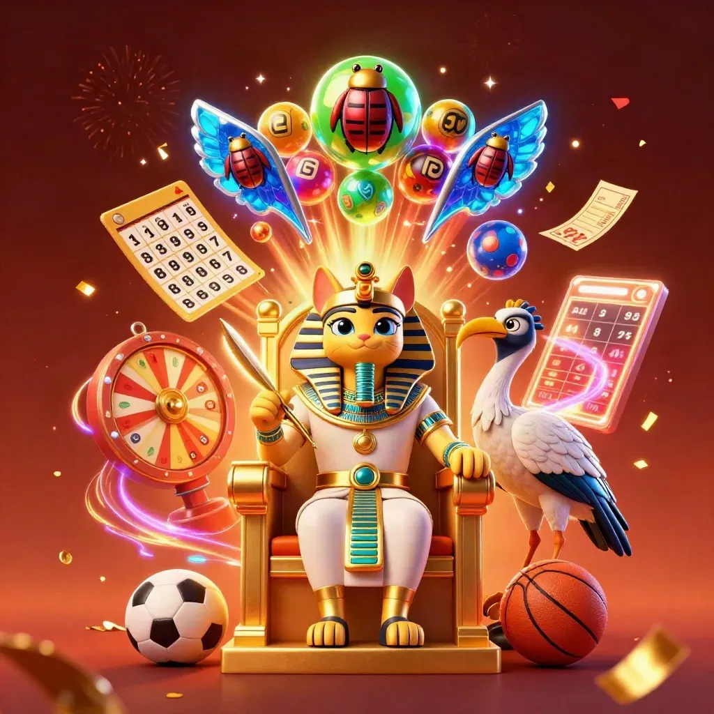 Pharaoh cat, ibis scribe and scarab beetles amid lottery balls, bingo card, prize wheel and casino glow