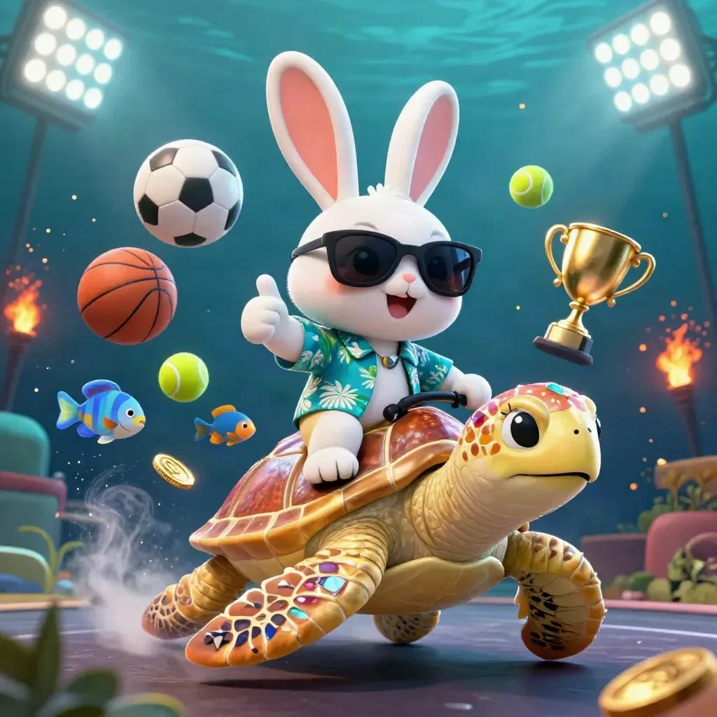 Rabbit rides a golden turtle underwater with sports balls, coins, and dramatic stadium lights.
