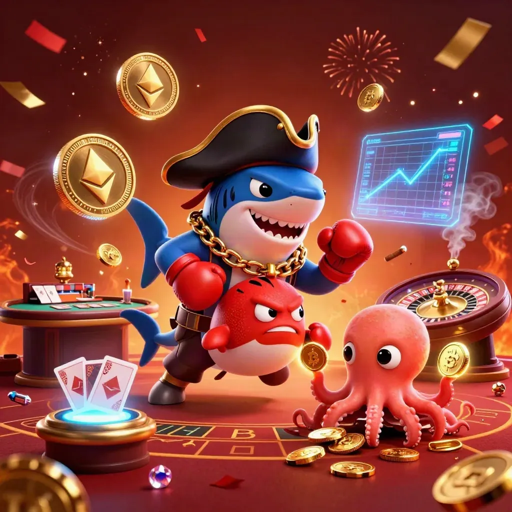 Pirate shark, boxing pufferfish, and juggling octopus amid casino lights and coins
