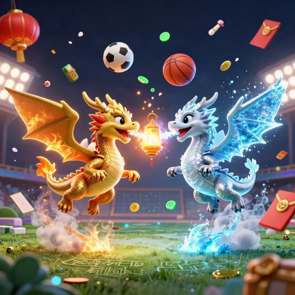 Gold and silver dragons swirl with sports balls, lanterns, and neon casino effects.