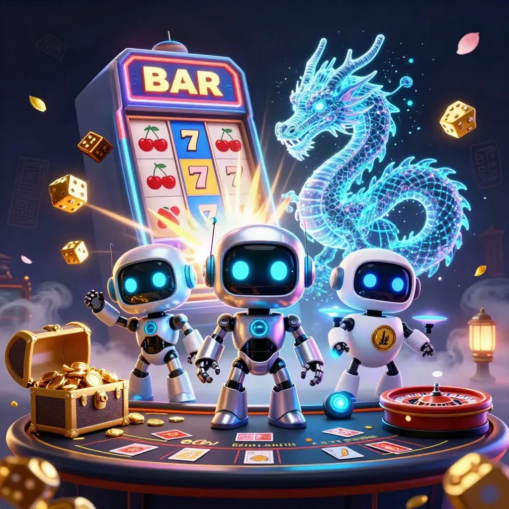 Cyberpunk robot, holographic dragon, and coin drone amid casino loot and glowing effects