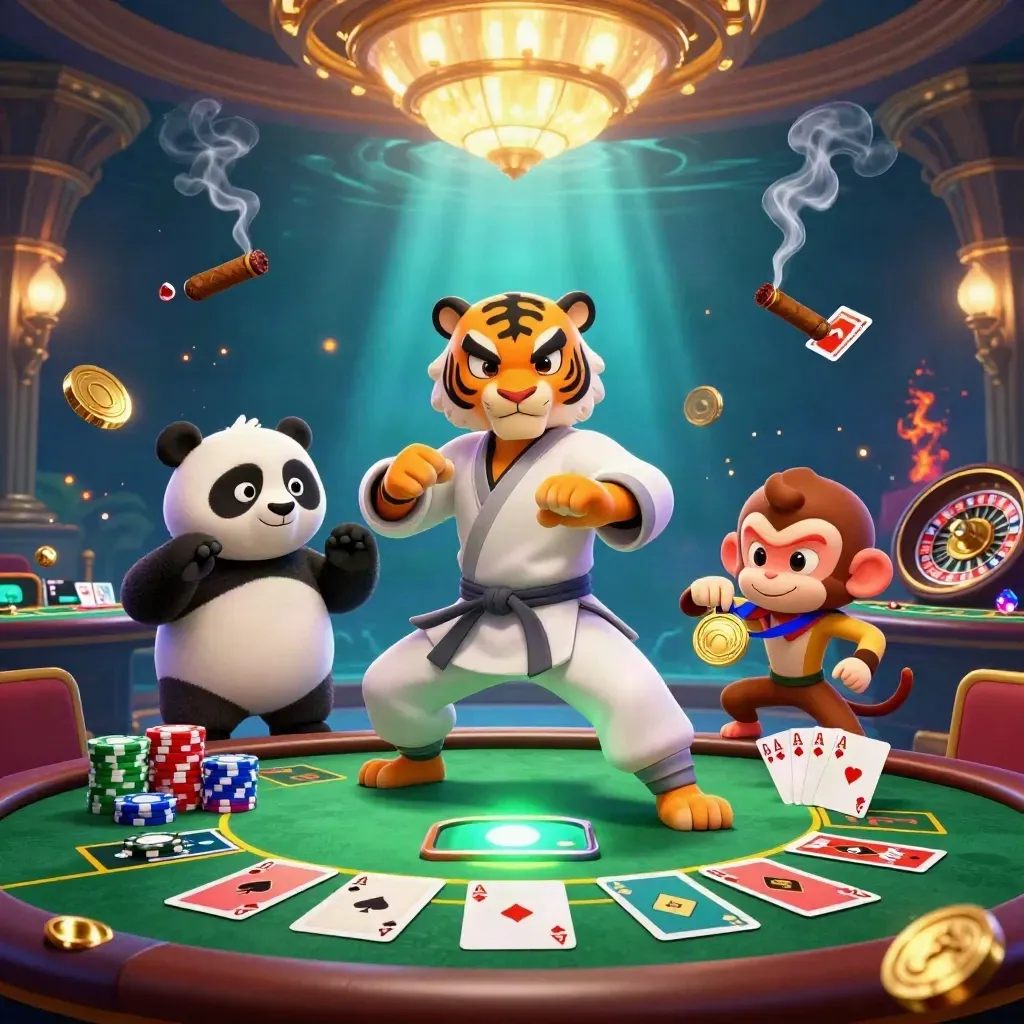 Kung-fu tiger, panda, and monkey amid casino props, glowing under teal-blue cinematic light.
