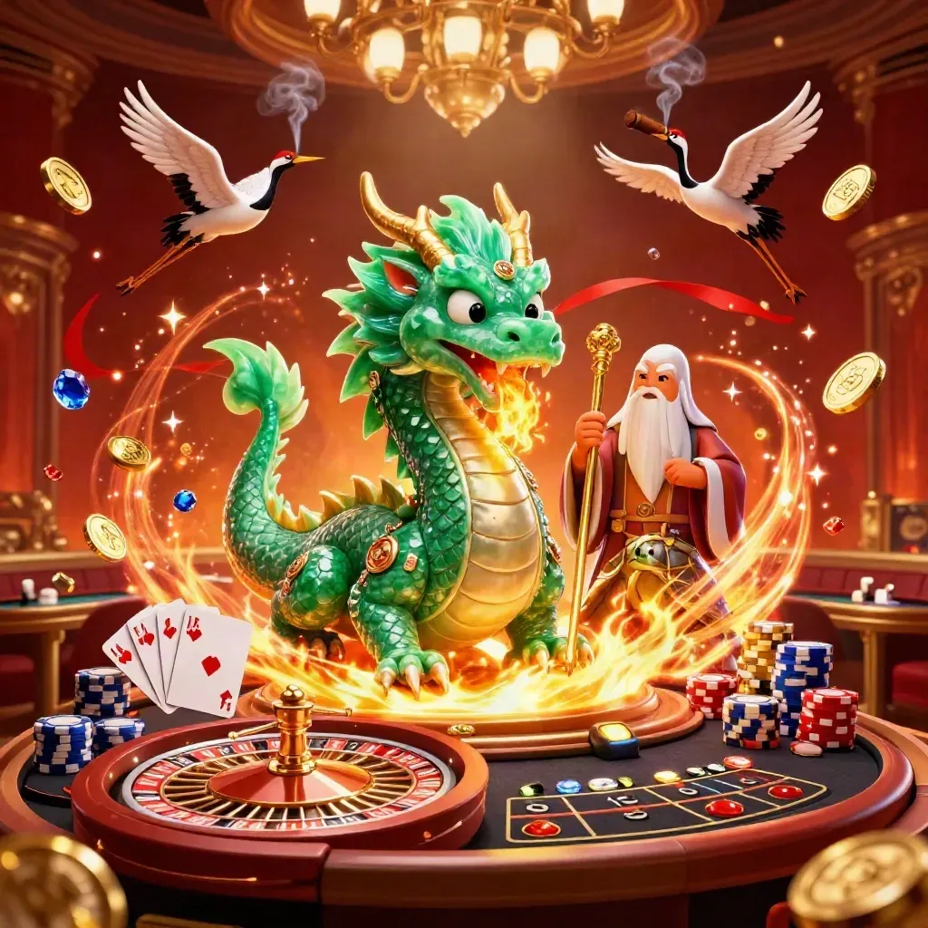 Emerald dragon, turtle sage, and cranes amid casino lights, coins, gems, and a spinning wheel