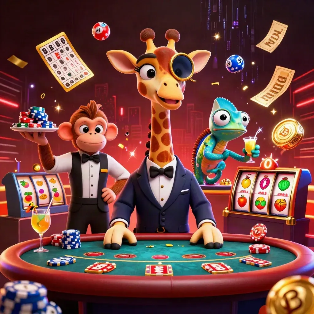Giraffe high roller, monkey valet, and chameleon bartender amid neon casino bursts and spinning prizes.