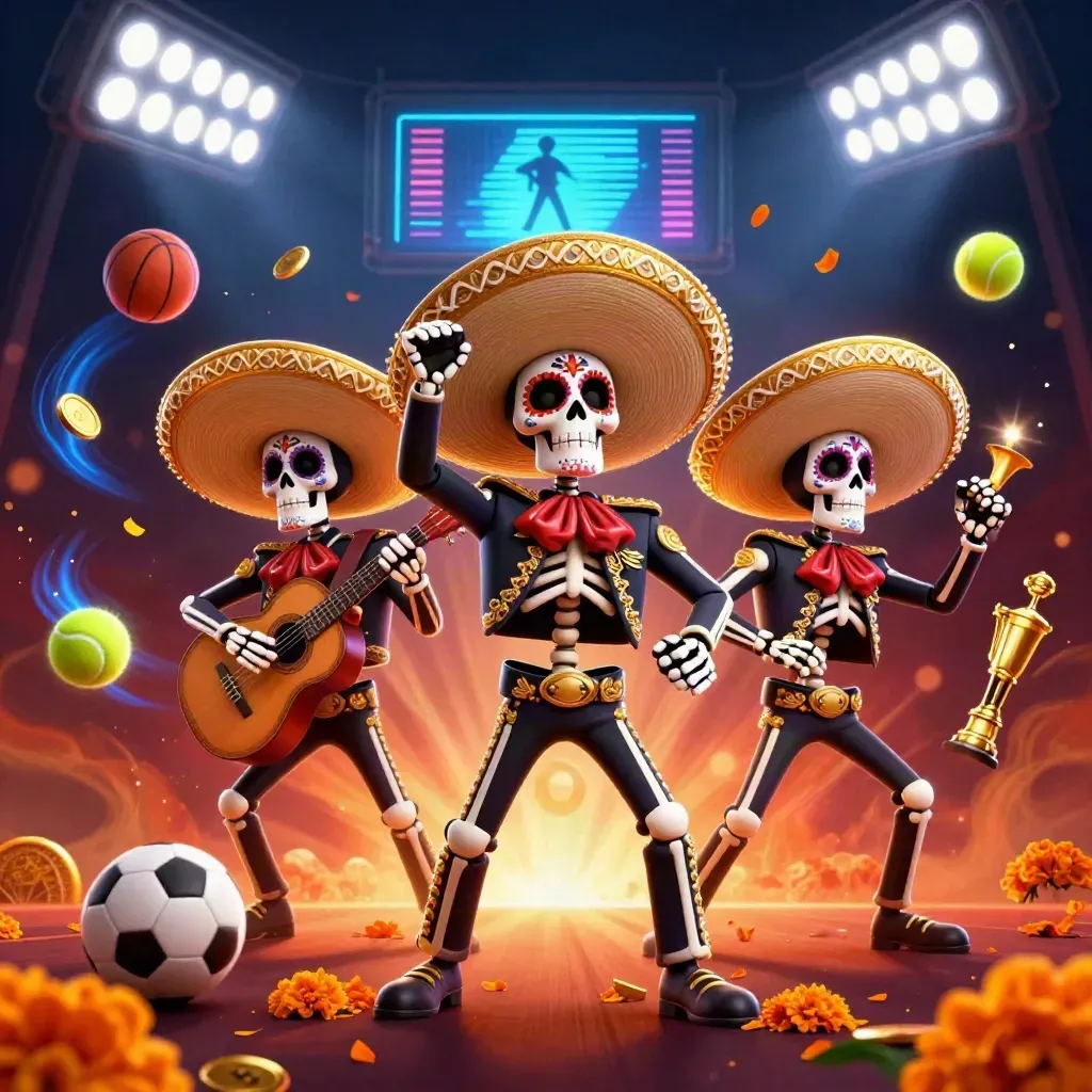 Skeleton mariachi trio with sports balls, trophy, and glowing casino lights