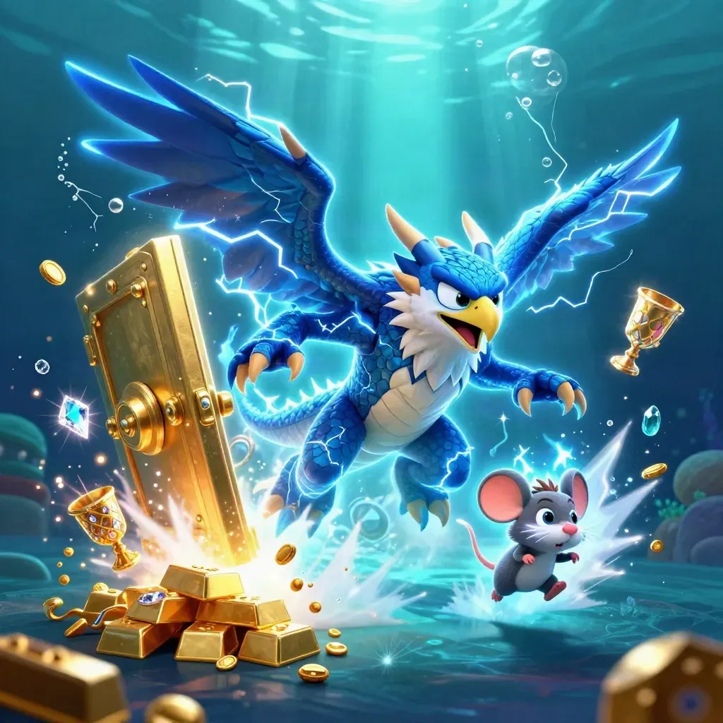 Thunder dragon, hawk, and crackling mouse burst from a treasure vault underwater.