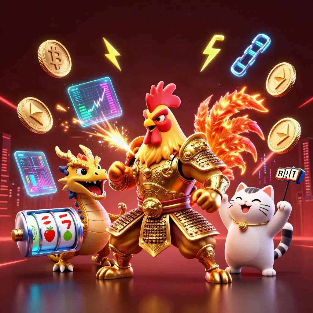 Rooster warrior, dragon hatchling, and fortune cat amid coins, lightning, and neon casino energy.