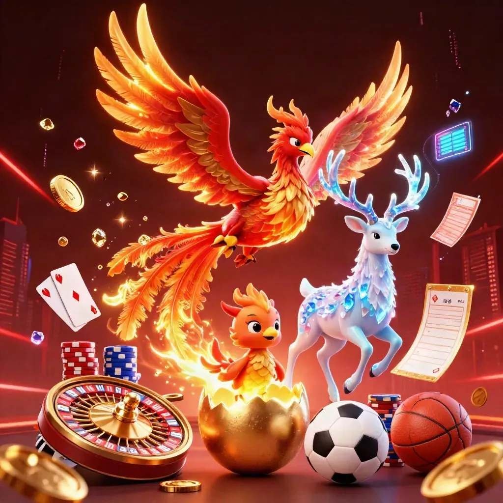 Phoenix, stag, and hatching baby phoenix burst through coins, gems, cards, and chips.