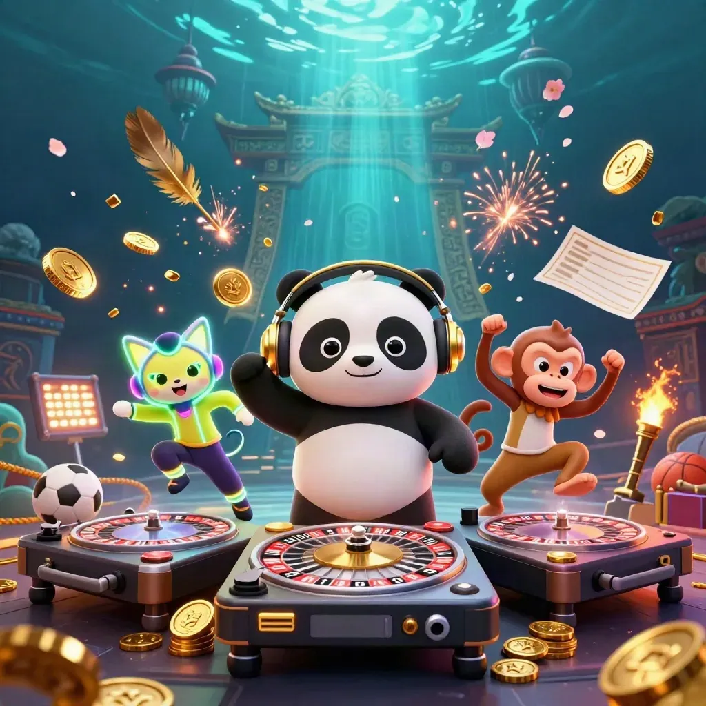 DJ panda, dancing monkey and glow-stick kitten amid coins, fireworks and a temple gate
