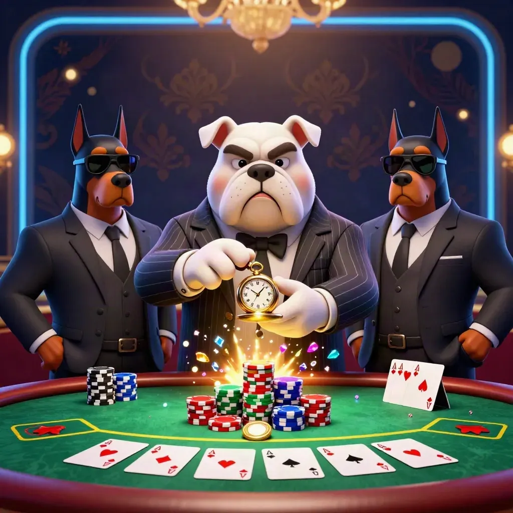 Bulldog boss and two Dobermans at a poker table, chips, aces and blue casino glow