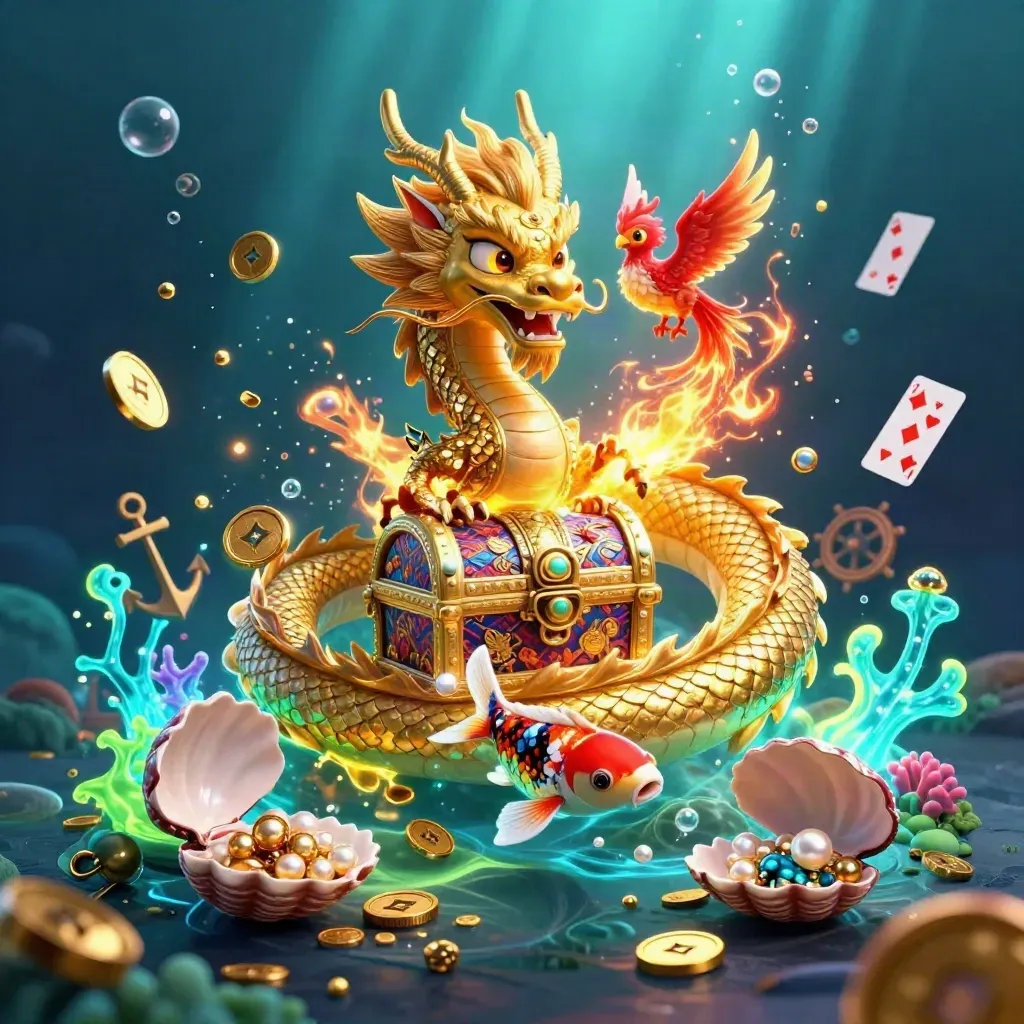 Golden dragon, red phoenix, and koi burst from a treasure cove with coins, coral, and bubbles.