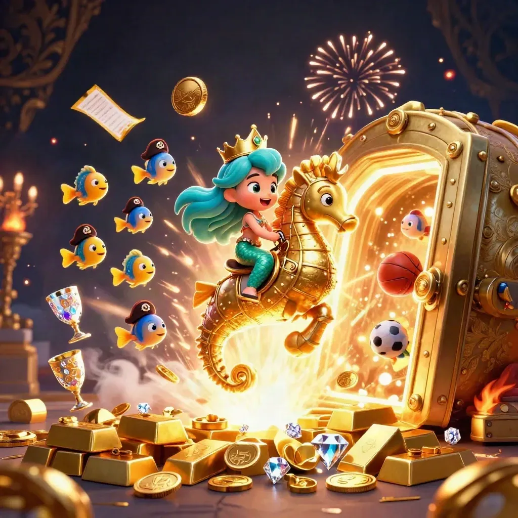 Mermaid princess on a golden seahorse bursts from a vault with coins, fish, and casino treasure.