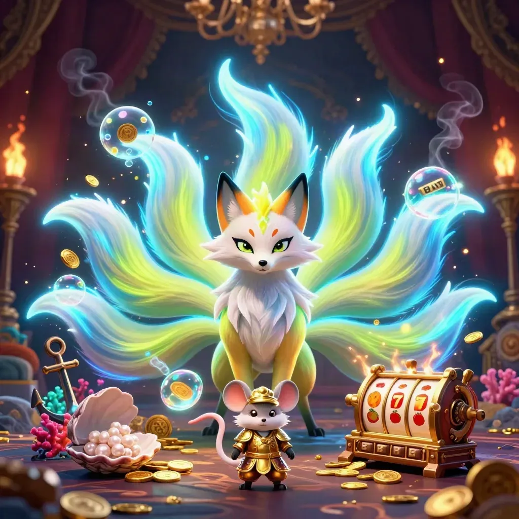 Nine-tailed fox spirit with a samurai mouse amid casino treasures and glowing reels