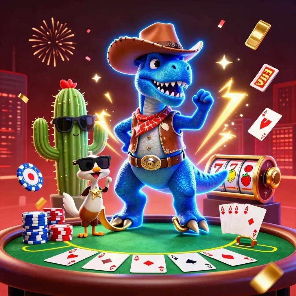 Cowboy T-Rex, cactus sidekick, and sheriff roadrunner blasting poker chips in neon casino style