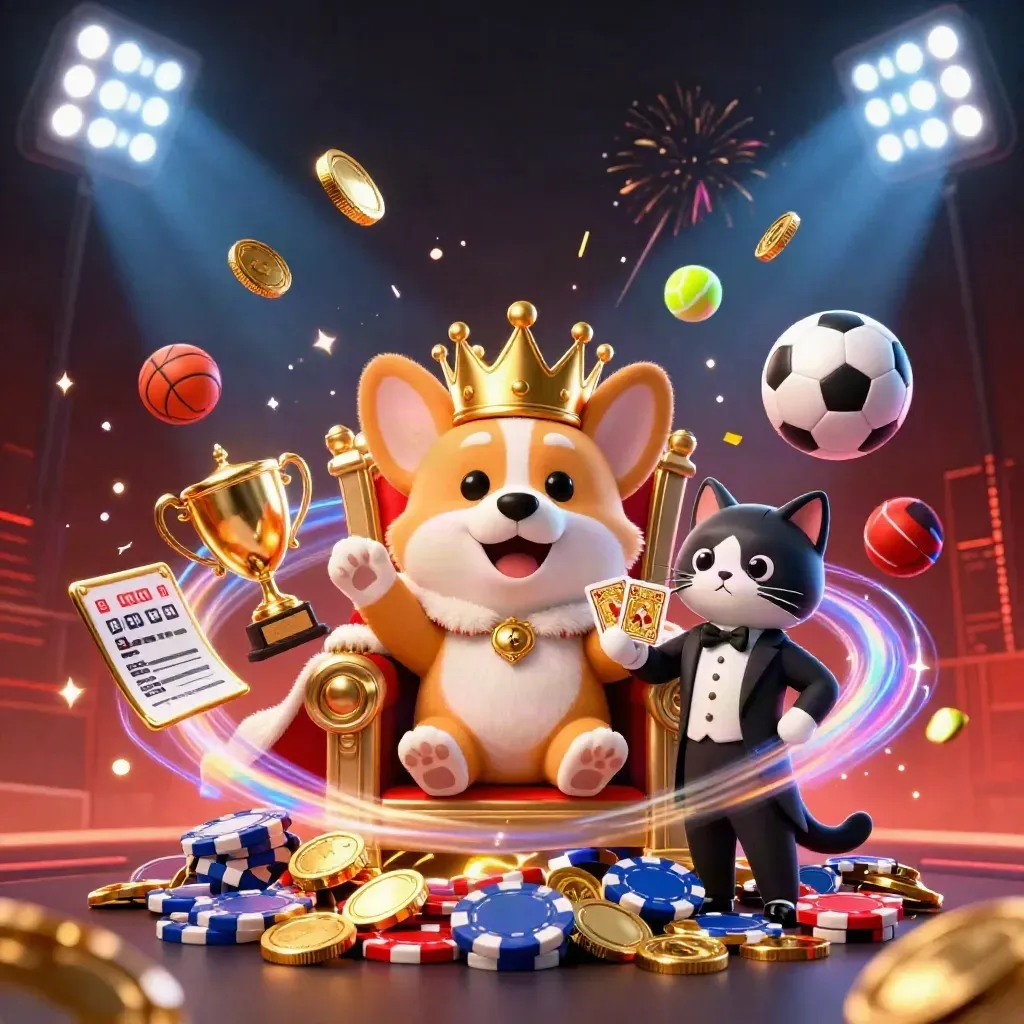 Royal corgi and cat butler celebrate amid coins, balls, fireworks, and casino glory.