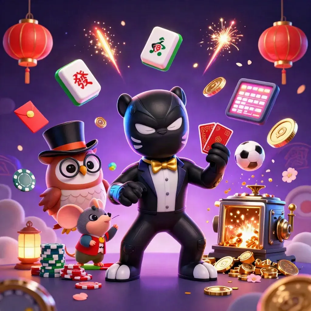 Panther, owl, and mouse celebrate amid coins, lanterns, fireworks, and casino-sports symbols.