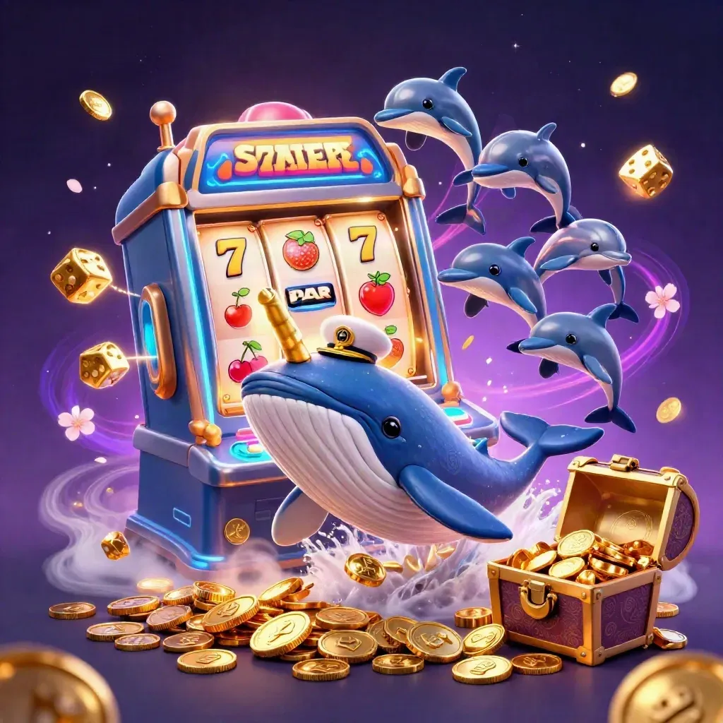 Whale captain with narwhal, dolphins, coins, slot machine bursts, and glowing casino effects.