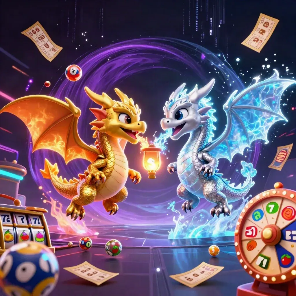 Gold and silver dragons swirl in a neon casino burst with balls, reels, tickets, and magic energy.