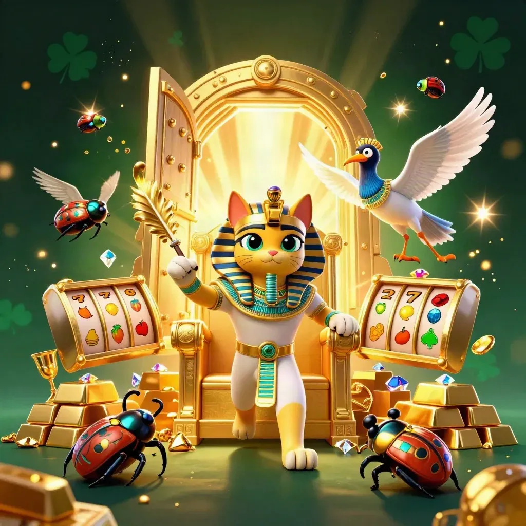 Pharaoh cat, ibis scribe, and gem-wing scarabs amid vault gold and casino reels.
