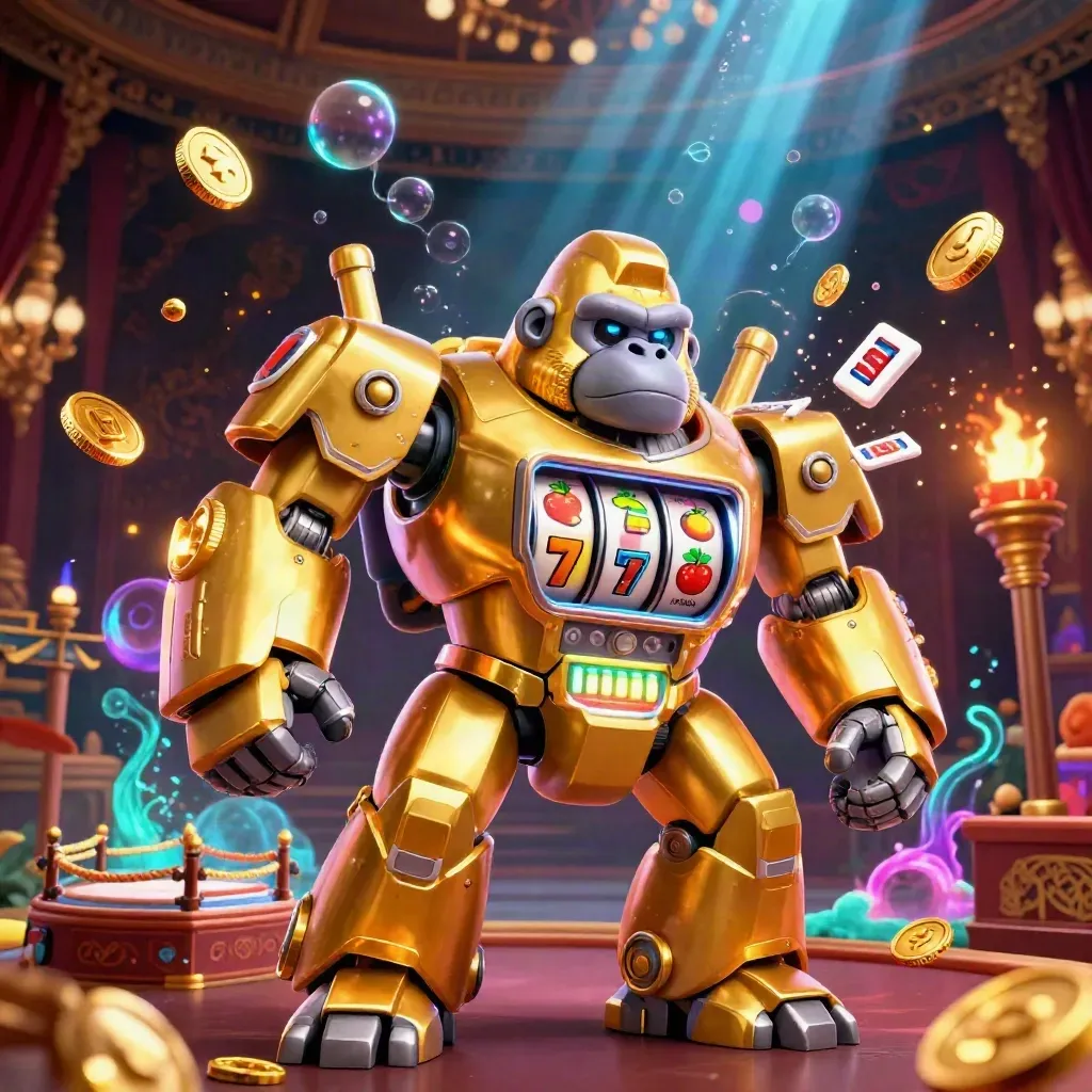 Golden slot-machine gorilla mech with tiny monkey pilot, neon casino glow, temple ring and lucky reels.