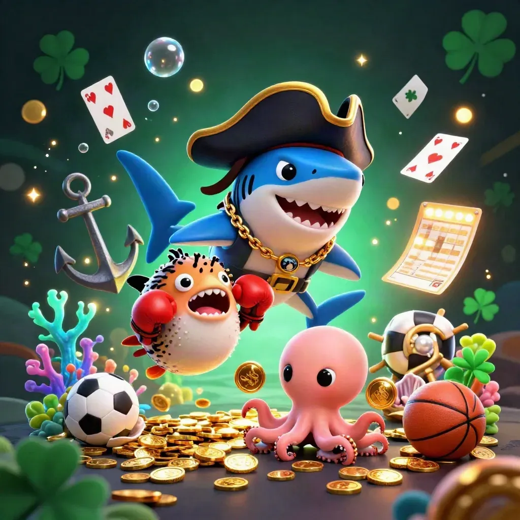 Shark pirate, pufferfish boxer, and coin-juggling octopus in a glowing treasure cove.