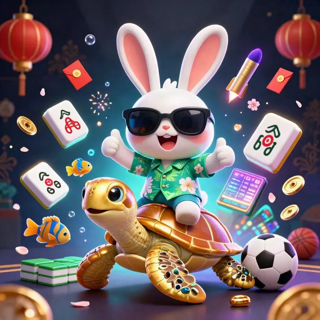 Lucky rabbit rides a golden sea turtle amid casino charms and neon sports-tech glow.