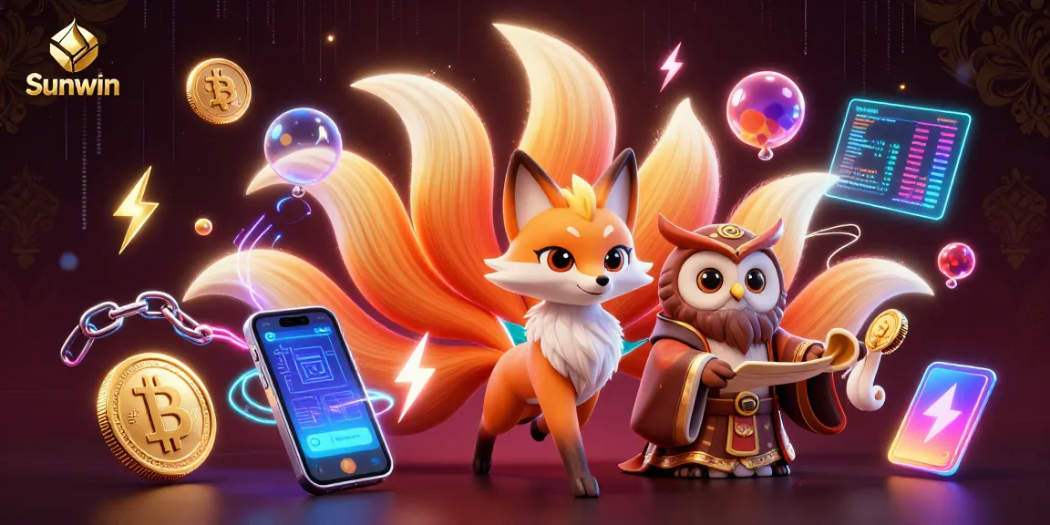 Experience the magic of Sunwin with a vibrant 3D illustration showcasing gambling excitement and crypto themes.