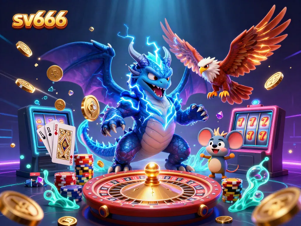 Engage with sv666's thrilling online gaming experience featuring a thunder dragon and vibrant casino elements.