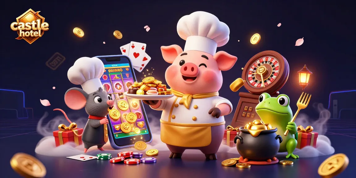 Castlehotel offers a vibrant 3D illustration of a pig chef serving gold coins, showcasing a colorful gaming experience.