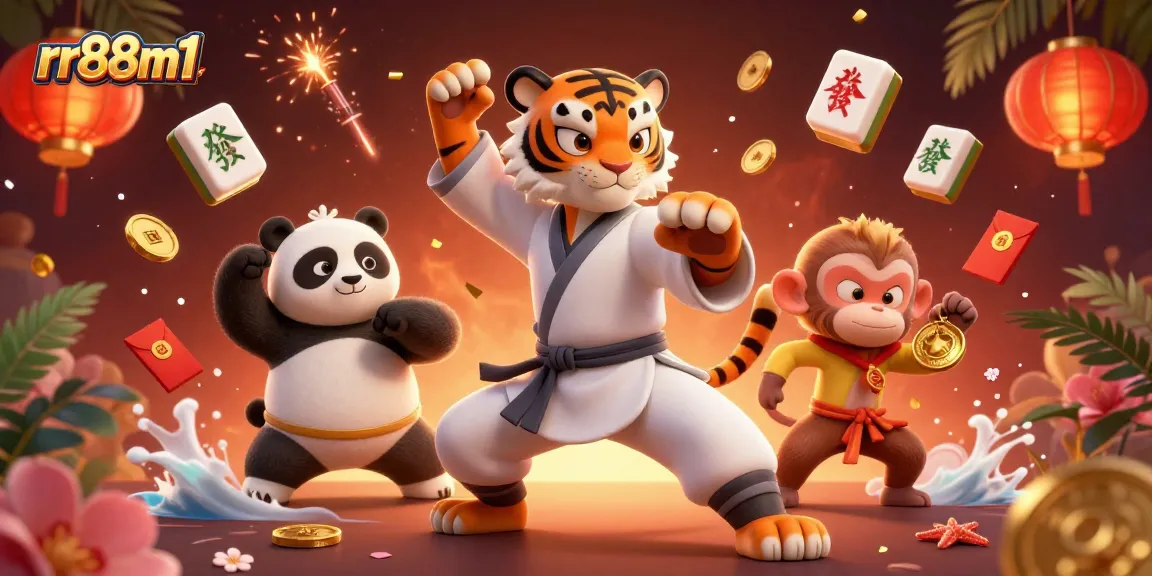 Experience the thrill of rr88m1 with a kung fu tiger mastering the game amidst vibrant casino elements.