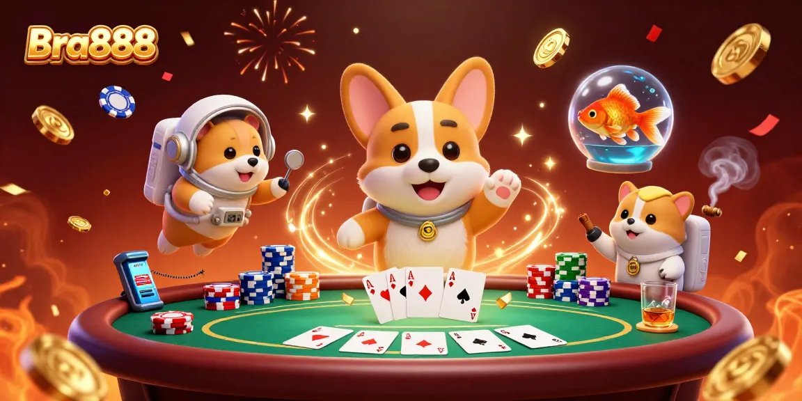 Experience excitement in Bra888's space casino with floating poker chips and adventurous characters.