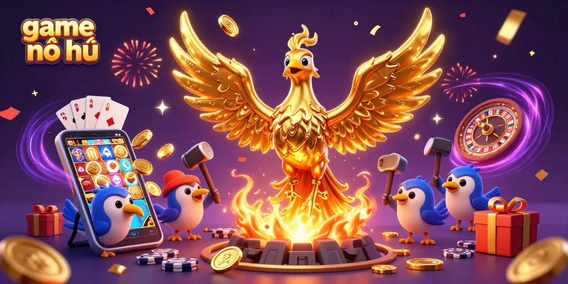 Experience the thrill of game nổ hũ with a vibrant 3D illustration featuring a golden phoenix and slot game elements.