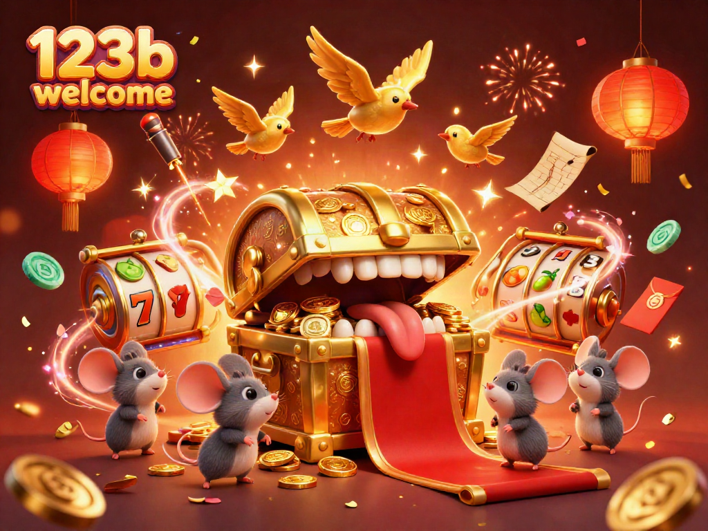 Experience the excitement of 123b welcome with vibrant slot reels, golden treasures, and celebratory fireworks.