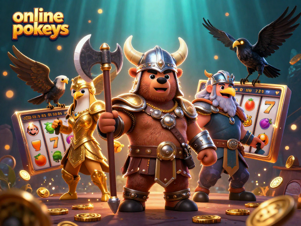 Experience thrilling wins with online pokies as cartoon Viking and Valkyrie engage in a vibrant casino scene