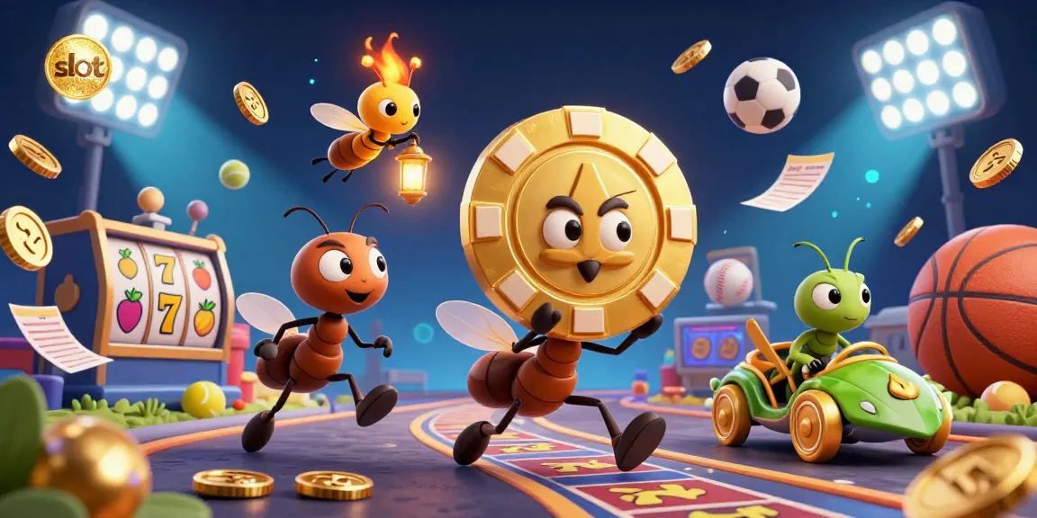 Slot mesin bergambar karakter semut ceria yang mencuri chip poker besar, menggambarkan keseruan permainan.