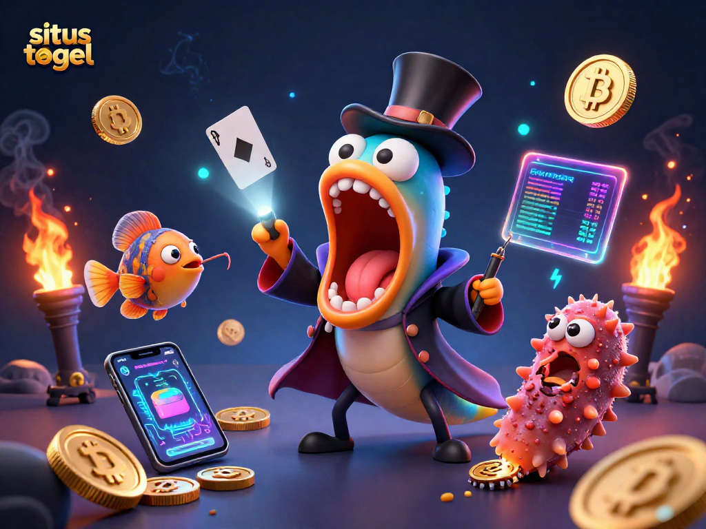 Situs togel dengan karakter unik seperti ikan gulper dan ikan pemancing di latar belakang penuh cahaya dan detail.