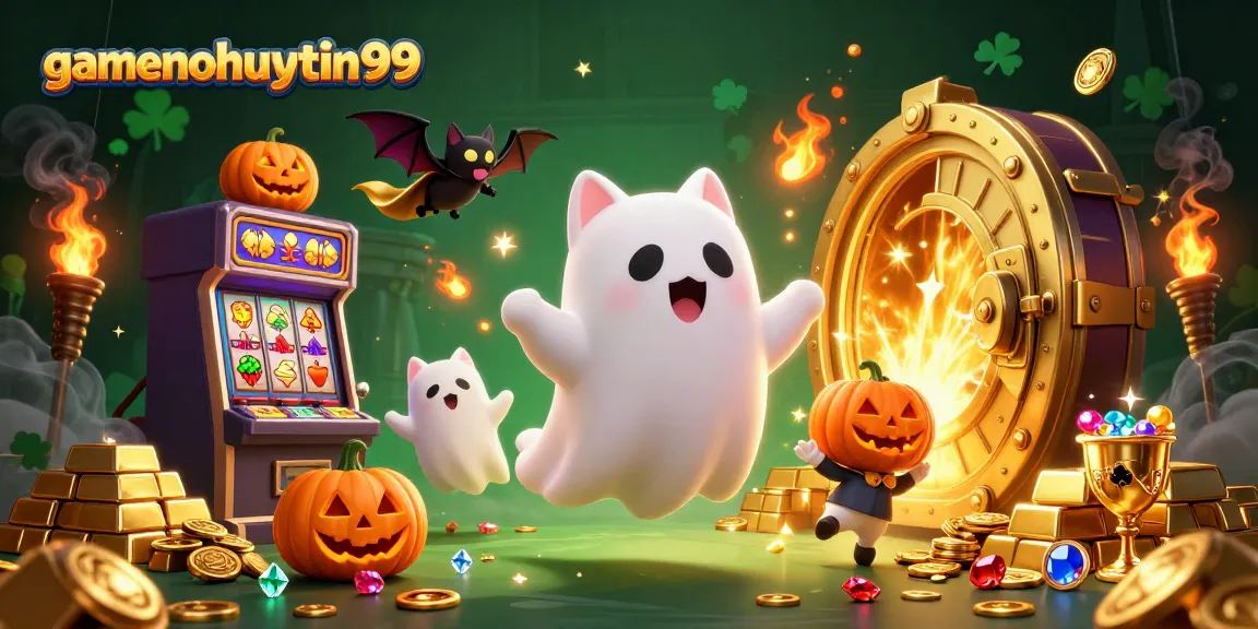 Spin the reels with gamenohuuytin99 in a vibrant haunted casino scene featuring treasure.