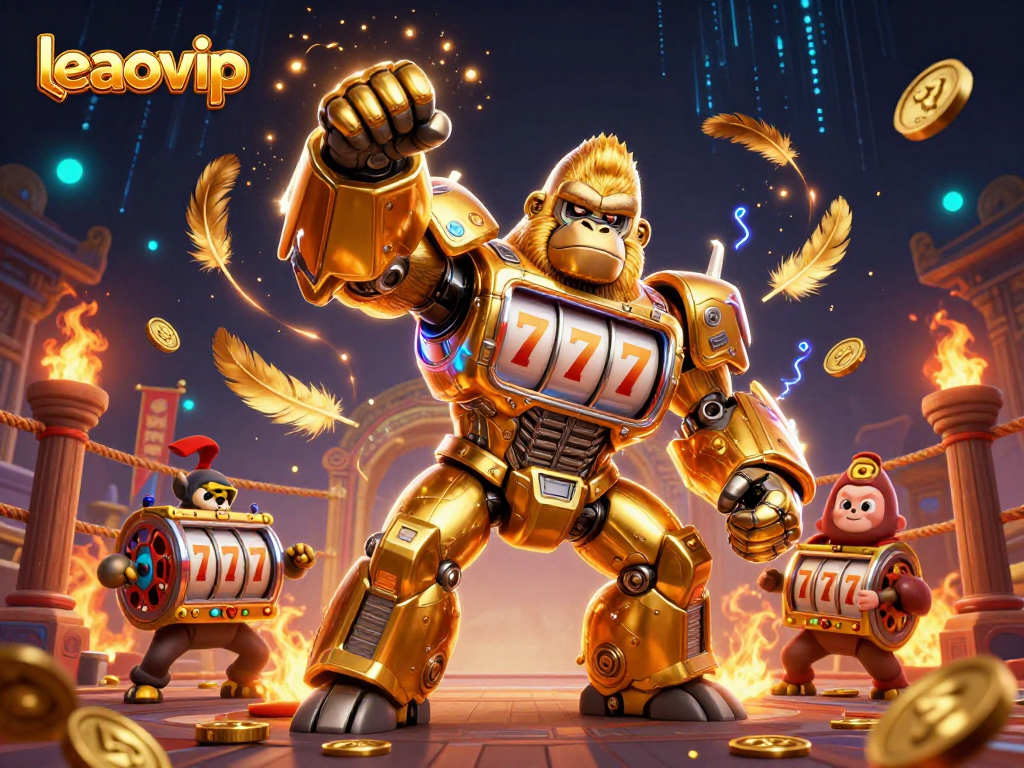 Experience thrilling gameplay with leaovip's golden gorilla mech surrounded by vibrant casino elements.