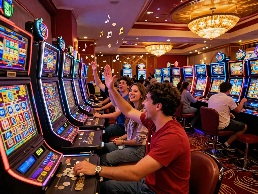 Slot gacor dengan pemain merayakan kemenangan besar di kasino, suasana penuh semangat dan warna-warni.
