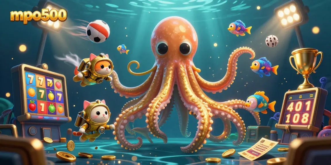 MPO500 offers a thrilling underwater gaming adventure with a kraken and diving cat in an engaging slot game scene.