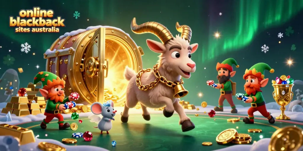 Experience the thrill at online blackjack sites australia with this vibrant casino scene featuring festive characters.