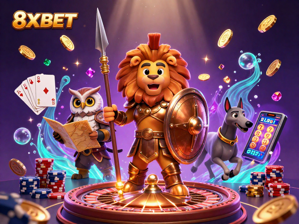 Engage with 8XBET in a vibrant 3D casino scene featuring a Spartan lion, strategic owl, and swift greyhound.