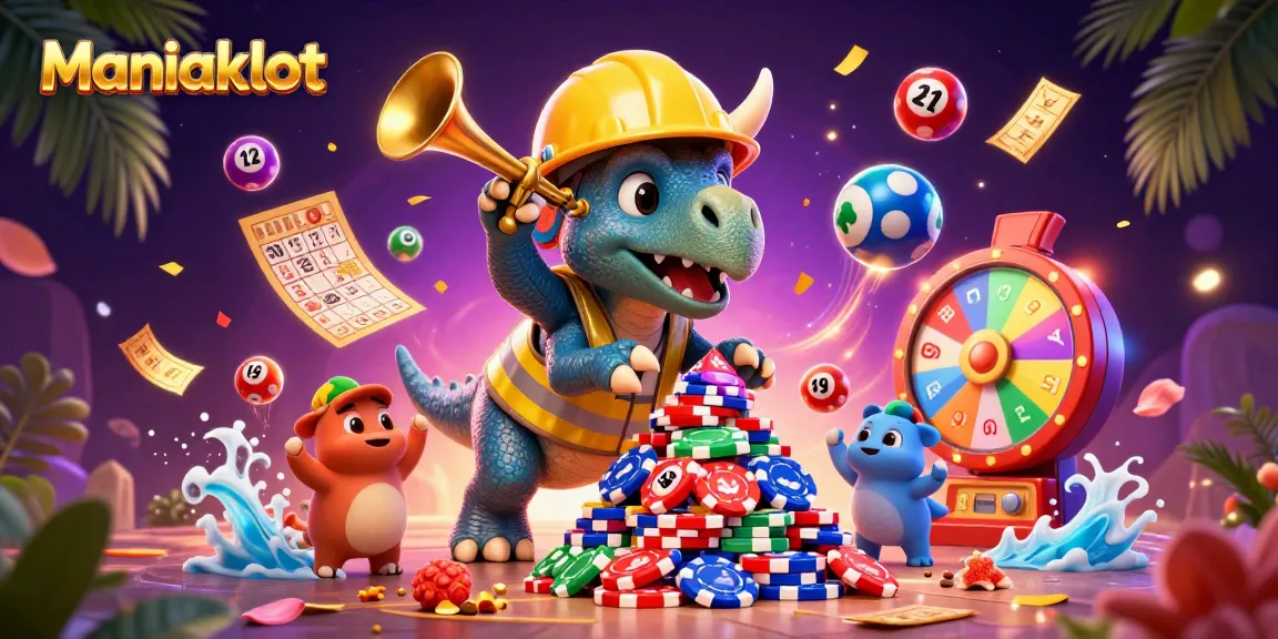 Experience the vibrant Maniakslot adventure with a triceratops building poker chip towers amidst festive lottery elements.